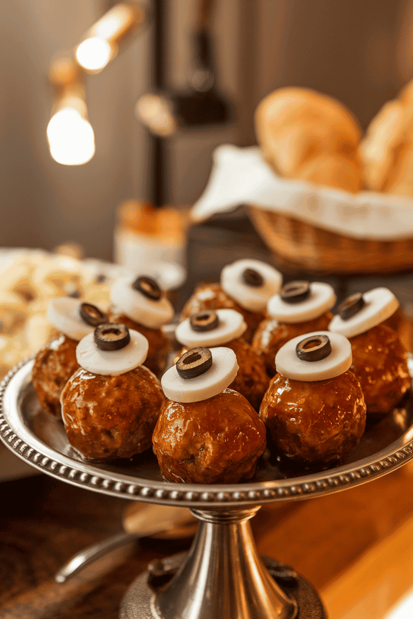 A warmly lit indoor serving tray of glazed meatballs each topped with a slice of mozzarella and olive pupil, resembling cartoonish eyeballs. No visible logos or text.