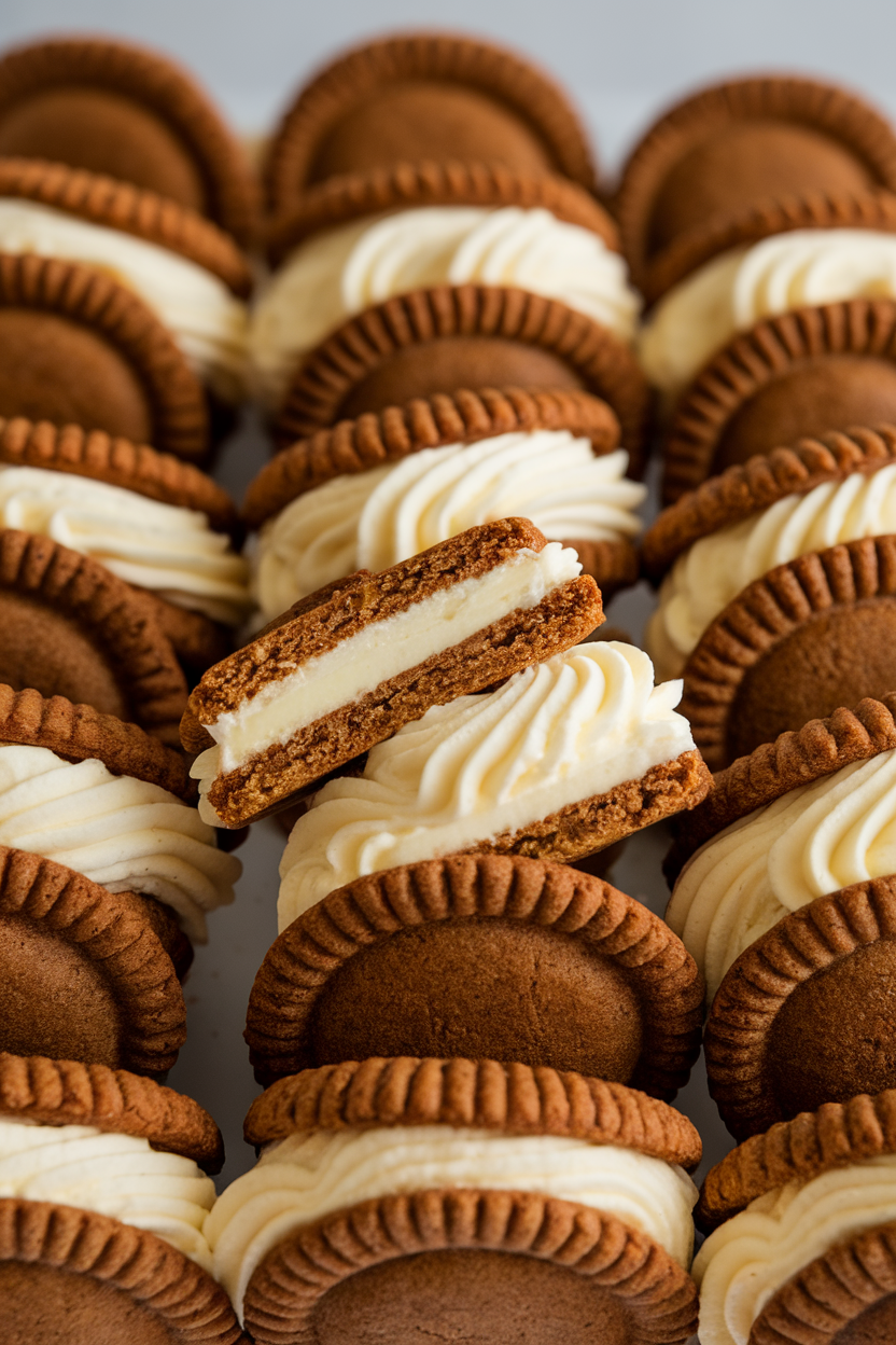 Indoor close-up of crisp gingersnap sandwiches filled with pale lemon buttercream, arranged in a tidy row. No logos or text. Photo, not illustration.