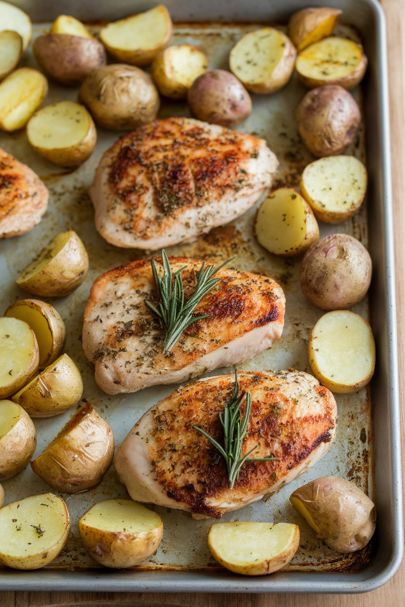 Indoor sheet pan of garlic-rosemary chicken breasts surrounded by roasted potatoes, no logos. Photo.