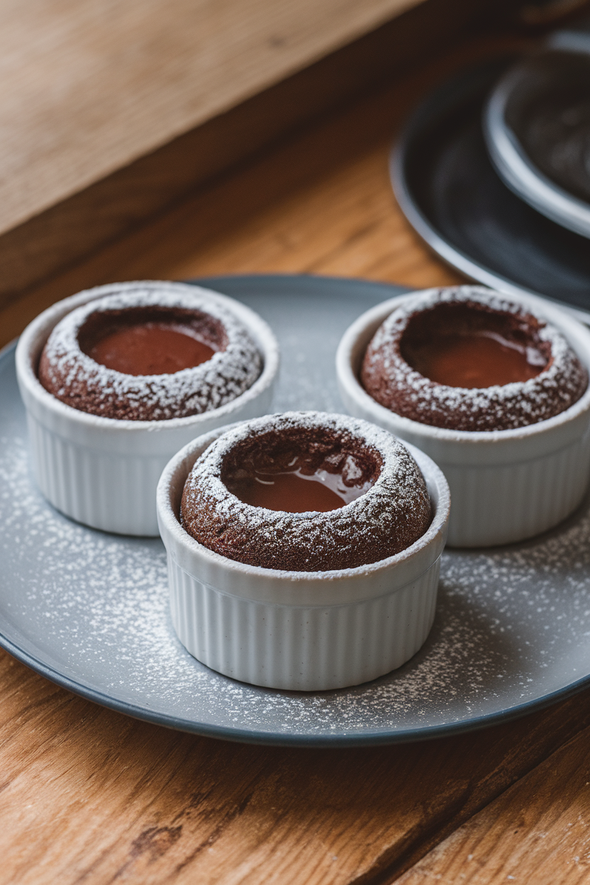Individual ramekins on an indoor dessert plate holding chocolate lava cakes dusted with powdered sugar and bubbling molten centers. Photo only, no text or logos.