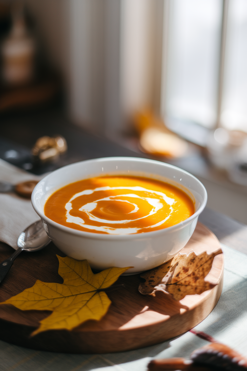 White bowl of velvety butternut squash soup swirled with cream, indoor table. No text or logos. Photo.