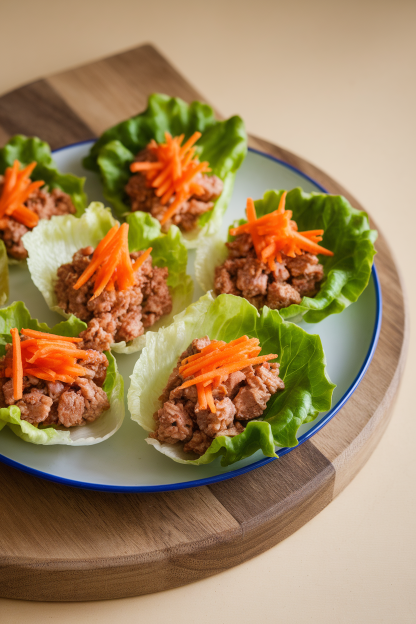 An indoor plate of crisp lettuce cups filled with sesame-ginger ground turkey, shredded carrots sprinkled on top. No logos or text, photo only.