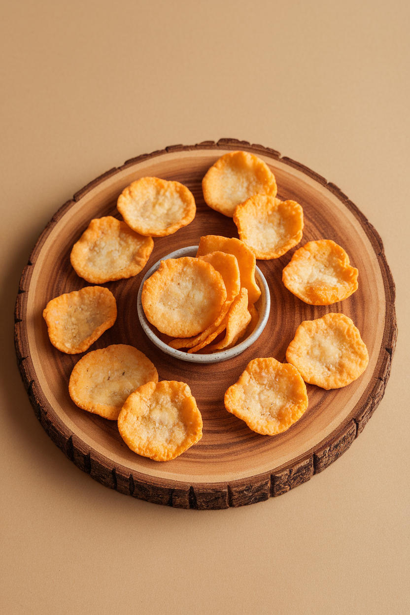 An indoor wooden board featuring small baked cheese crisps in irregular rounds, crunchy texture visible, with a tiny ceramic bowl beside them. No text or logos.