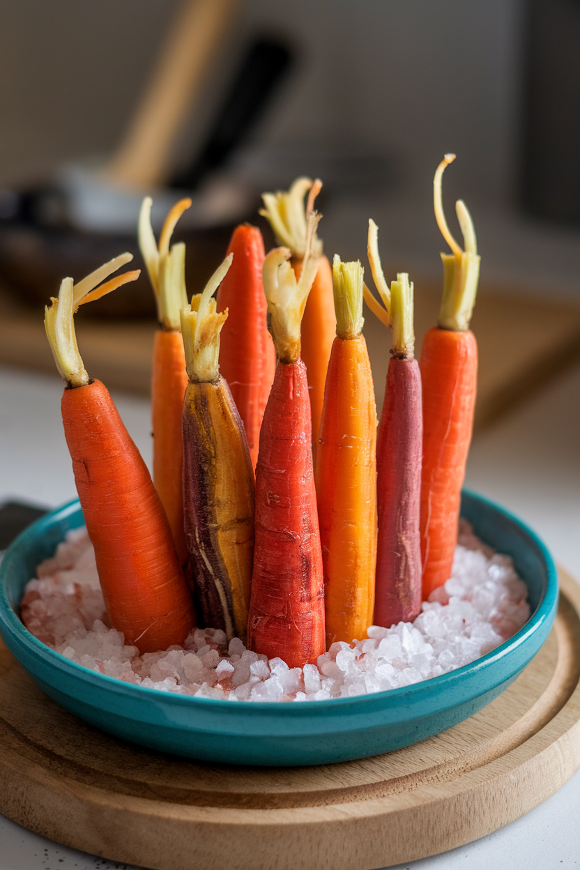 Indoor photo of whole roasted rainbow carrots standing upright in a bed of coarse salt, thin almond slivers inserted at tips like flickering flames. No text or logos.