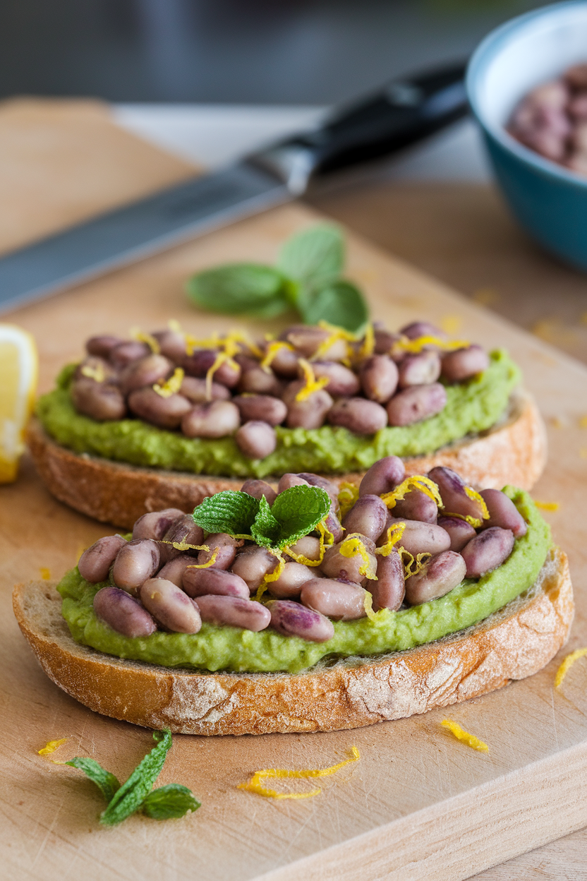 Photo of mashed fava beans spread on crusty bread, sprinkled with fresh mint and lemon zest, shot indoors on a cutting board. No text or logos present.