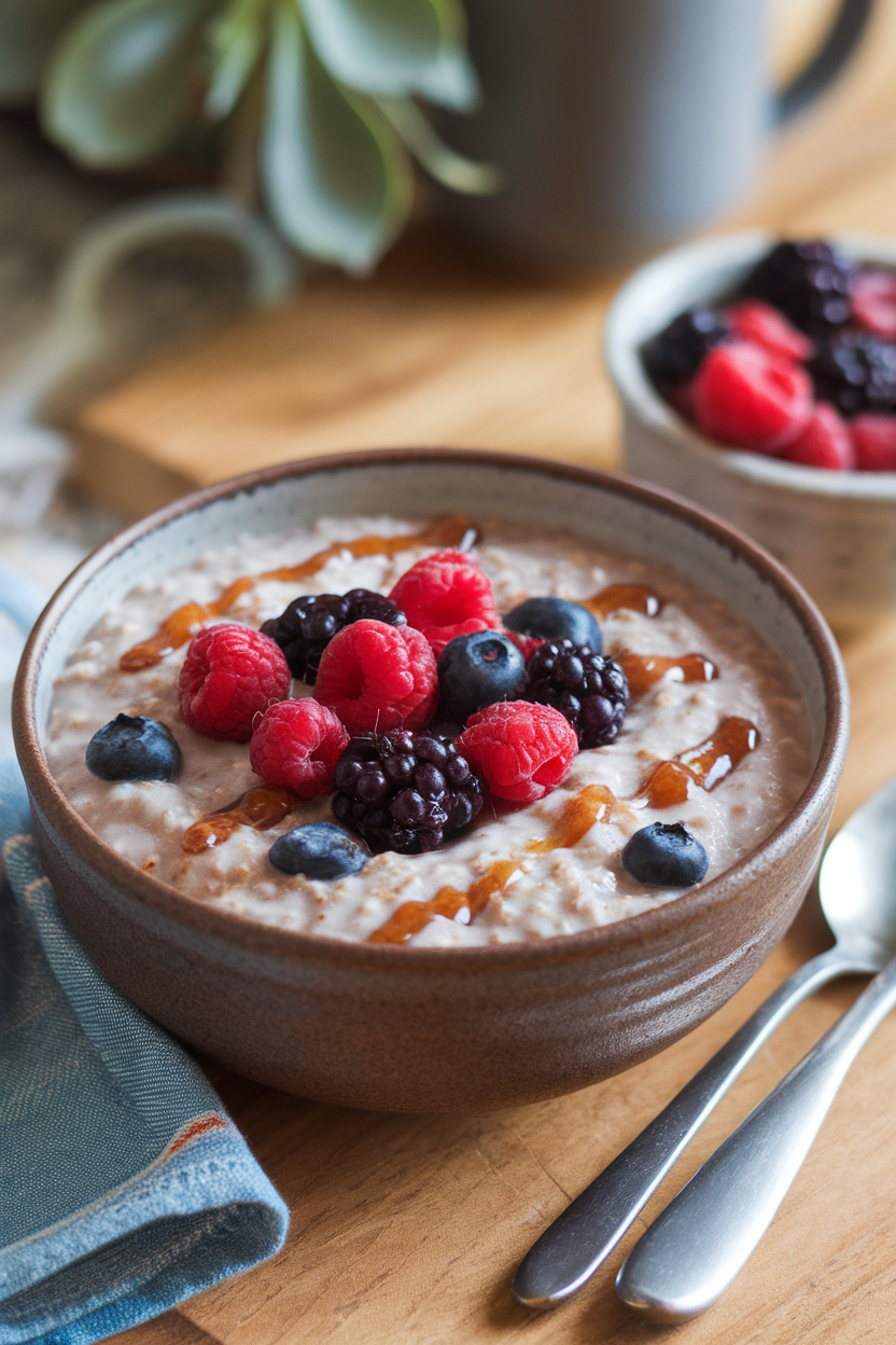 Indoor ceramic bowl filled with thick spelt berry porridge topped with maple drizzle and mixed berries. No text or logos.