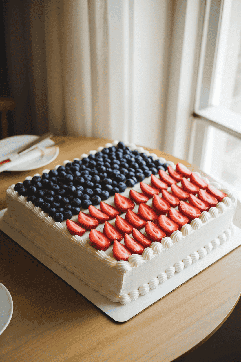 An indoor dining table featuring a rectangular cake decorated with whipped cream frosting, a field of blueberries, and rows of sliced strawberries creating a flag pattern. Soft window light highlights the fruit colors; no text or logos visible. Photo only.