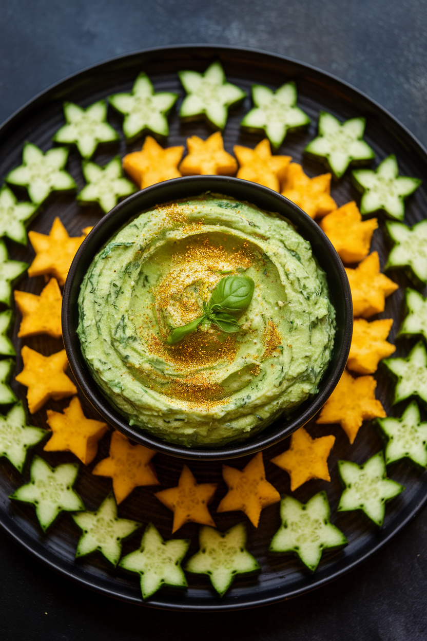 Indoor photo of a bowl of bright green basil-spinach dip sprinkled with edible gold dust, surrounded by star-shaped cucumber and yellow squash pieces on a black platter. No text or logos.