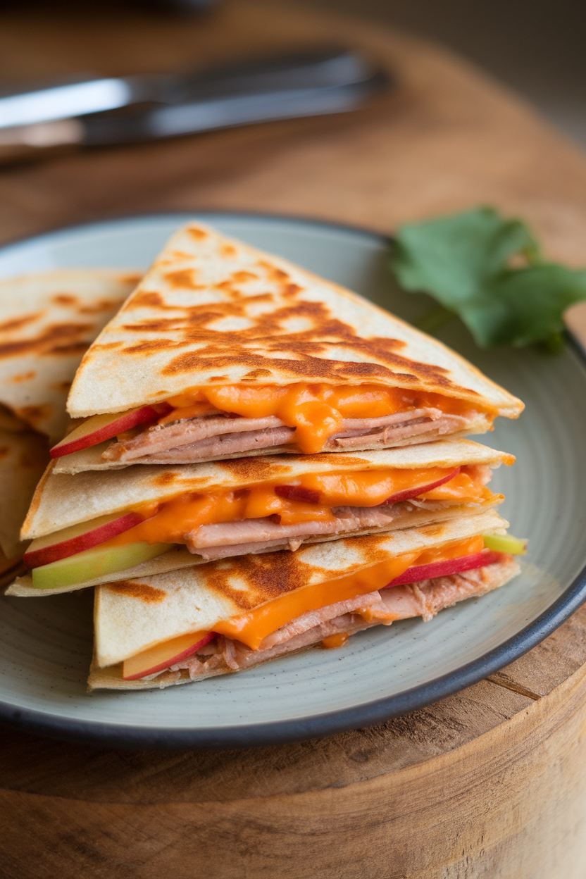 Photo of triangular quesadilla slices indoors showing melted cheddar, thin apple slices, and turkey, stacked on a plate. No text or logos.