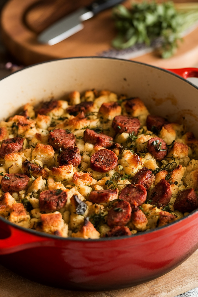 Indoor Dutch oven filled with rustic sourdough stuffing studded with browned sausage and herbs. Photo, no text or logos.