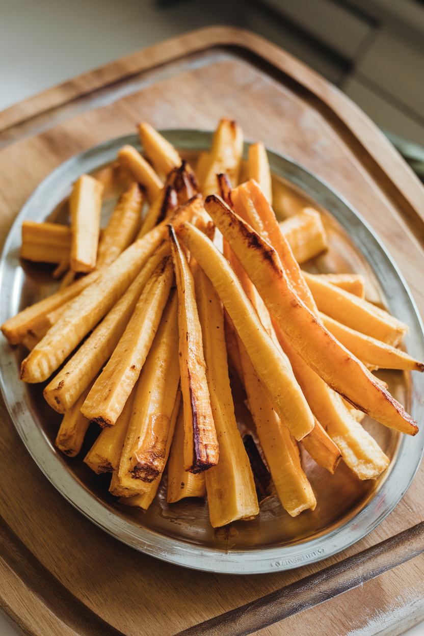 An indoor platter of roasted parsnip batons glazed with maple syrup, browned tips visible; no text or logos. Photo.</Prompt