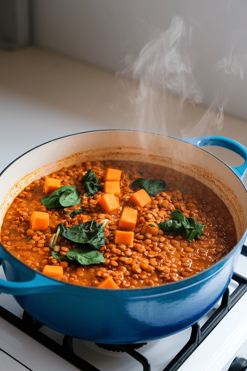 A photo of a Dutch oven on an indoor stovetop filled with thick orange-hued lentil stew dotted with sweet potato cubes and spinach leaves. Steam rising, no text or logos visible.