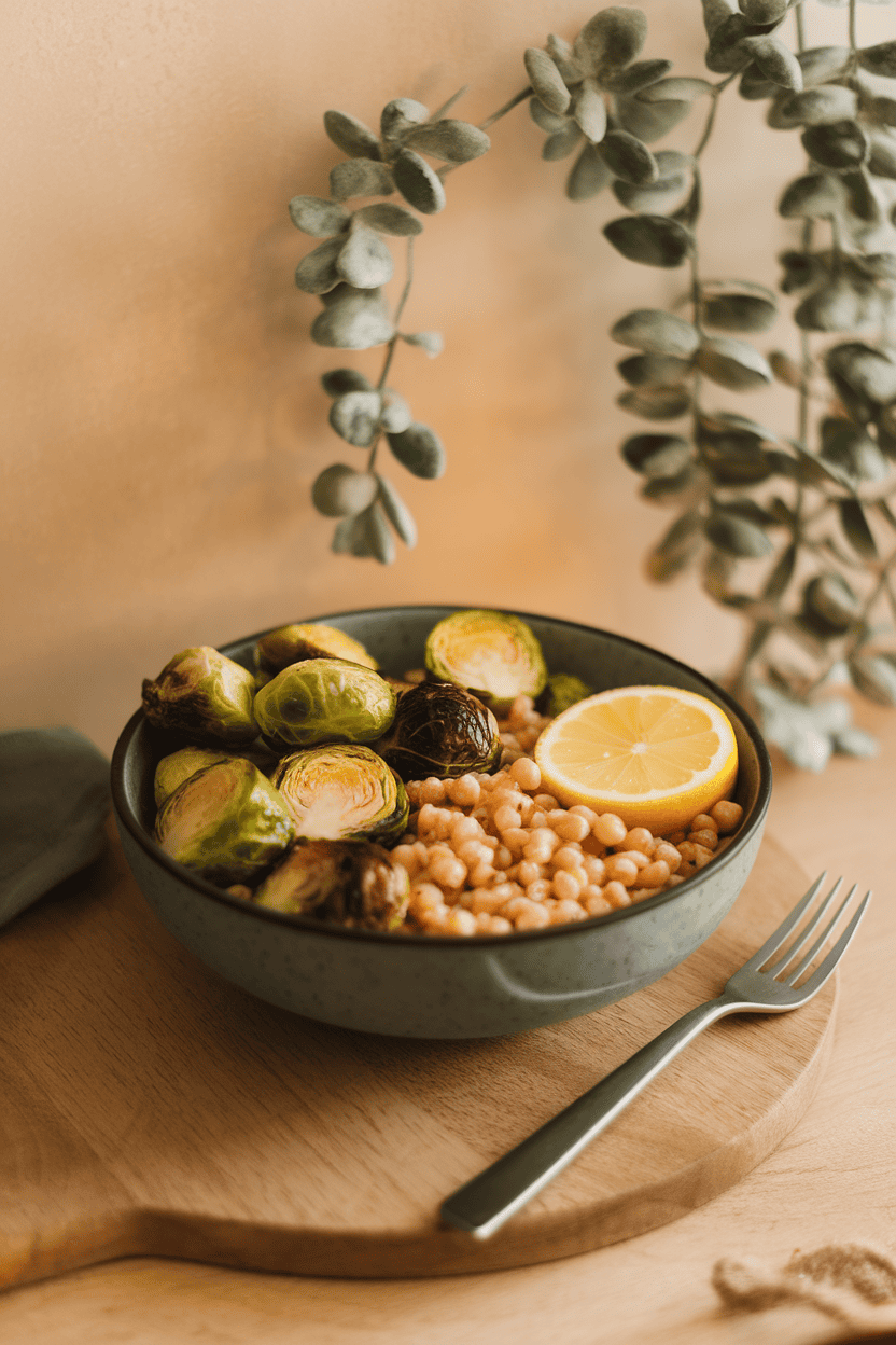 Indoor photo of a meal-prep bowl with roasted brussels sprouts, pearl barley, and a lemon wedge, warm table lighting, no text or logos.