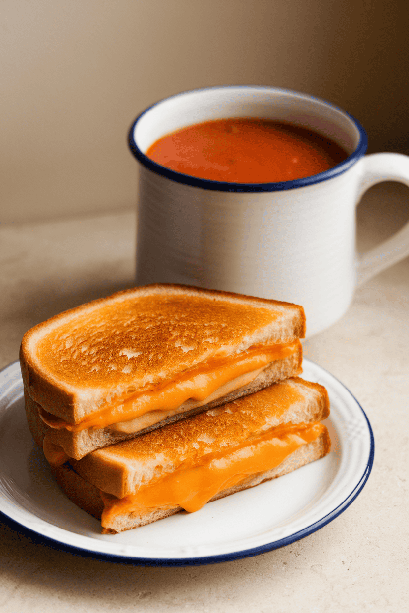 Indoor photo of a classic grilled cheese sandwich cut diagonally with melty cheddar, resting beside a mug of tomato soup; no logos or text.