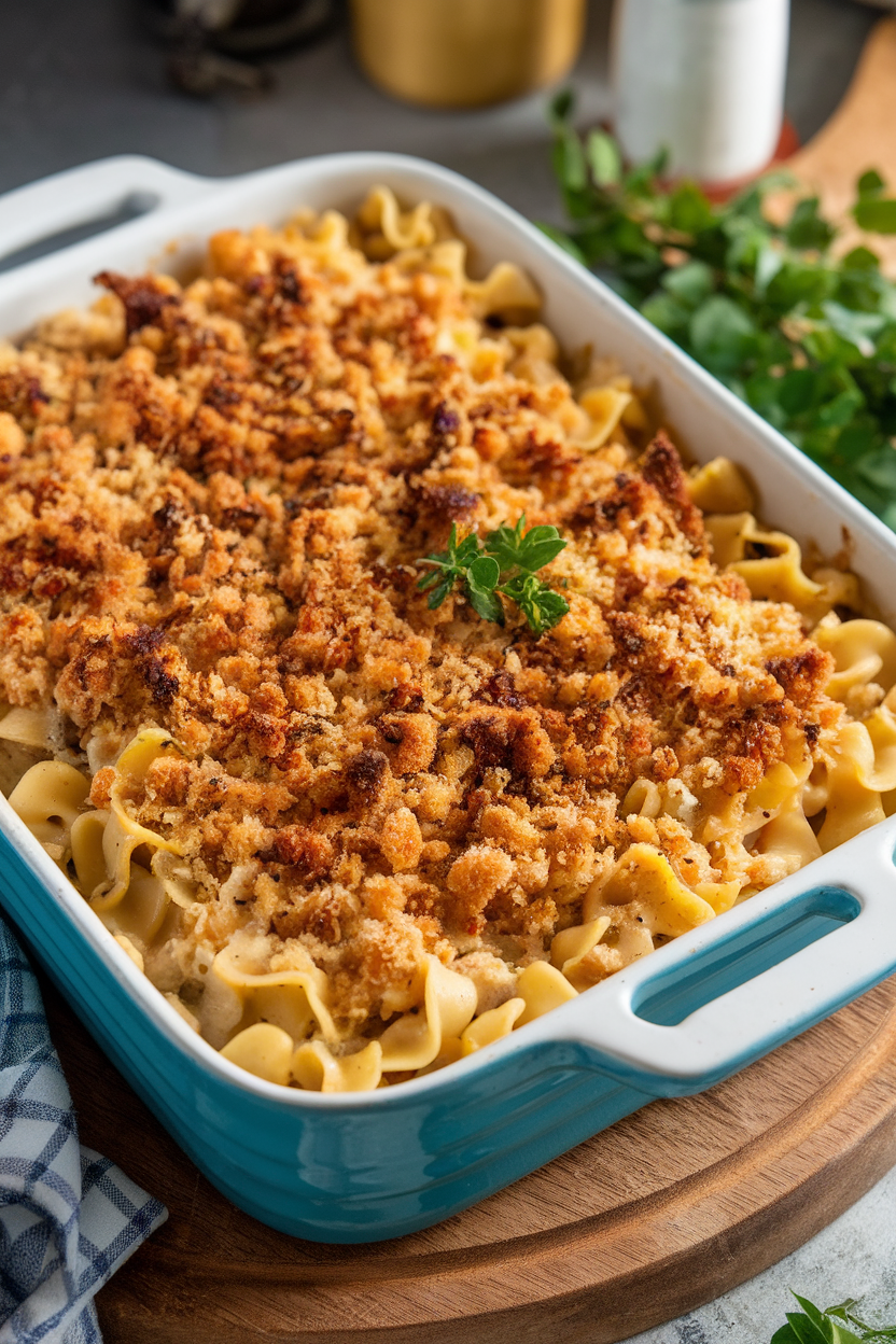 Indoor photo of a casserole pan filled with turkey tetrazzini—noodles coated in creamy sauce, browned breadcrumb topping. No logos or text in scene.