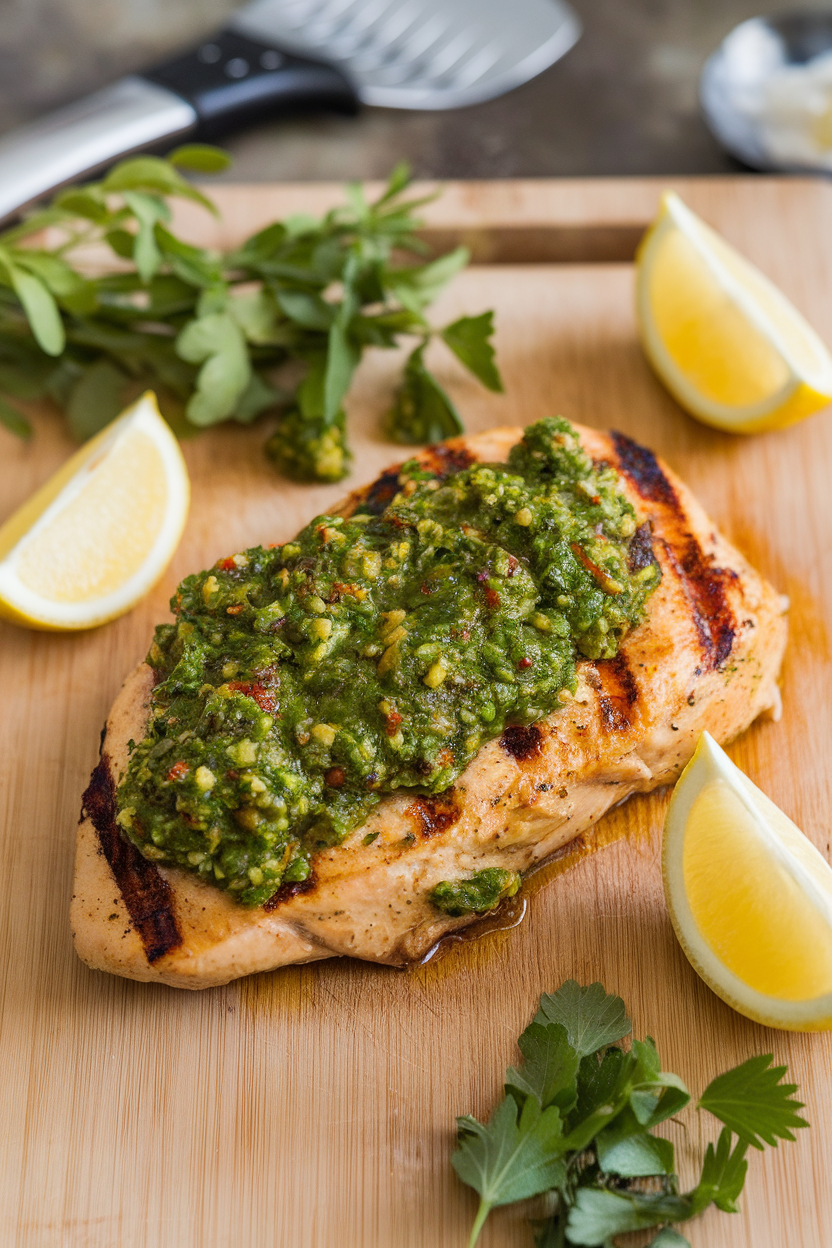 Indoor cutting board with grilled chicken breast topped with vibrant green chimichurri sauce, no logos. Photo.