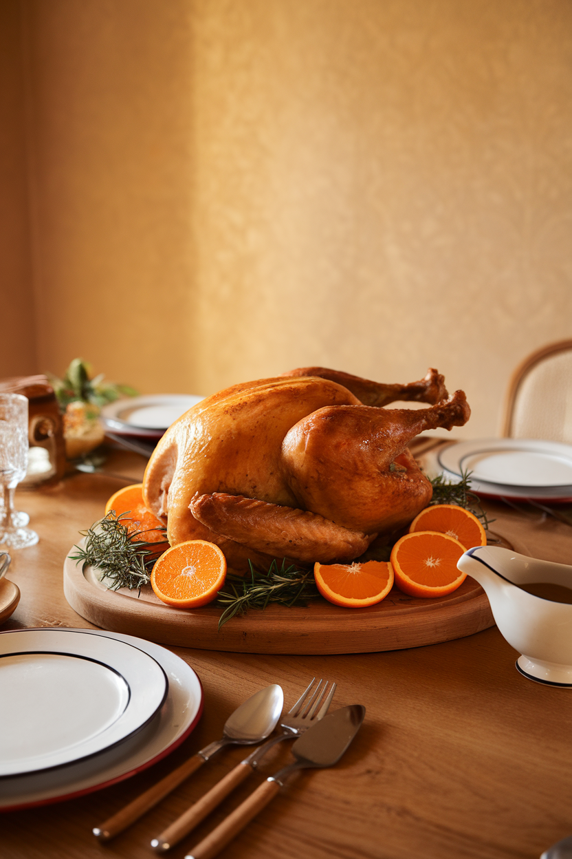 A warmly lit indoor dining table featuring a golden whole roast turkey on a carving board, surrounded by sprigs of rosemary and sliced oranges. No text or logos anywhere in the scene. Photo, not illustration.