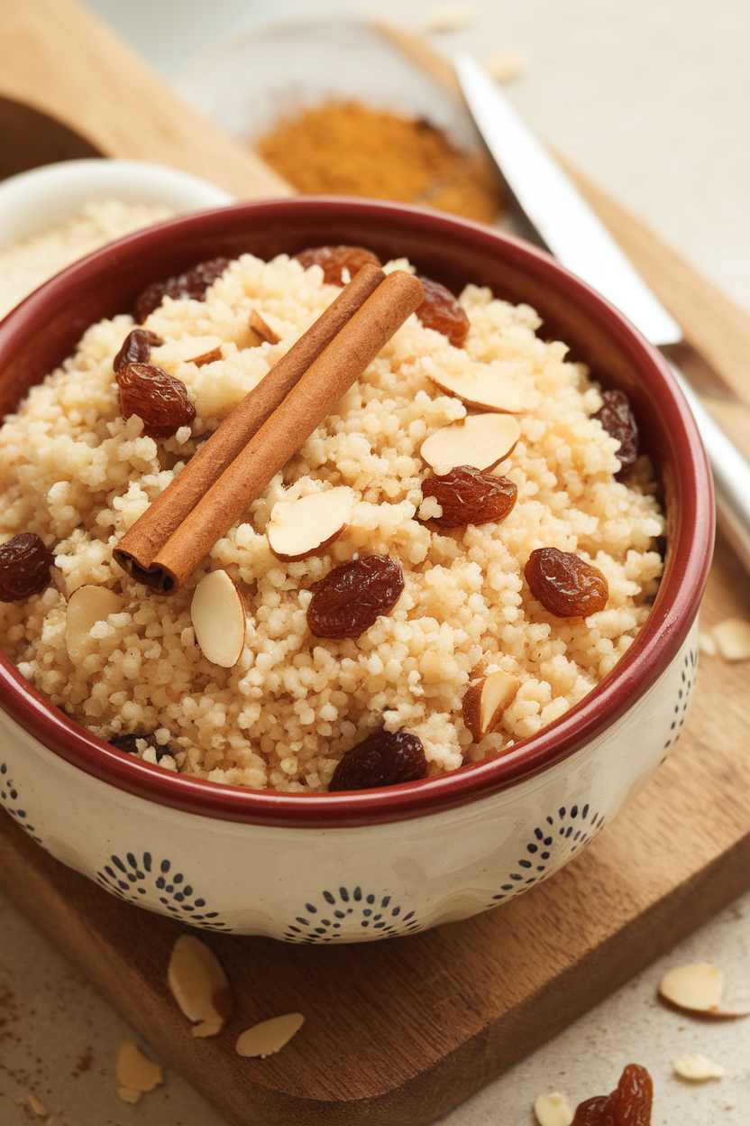 An indoor ceramic bowl of fluffy couscous with raisins and slivered almonds, cinnamon stick resting on top. Photo only, no text or logos.