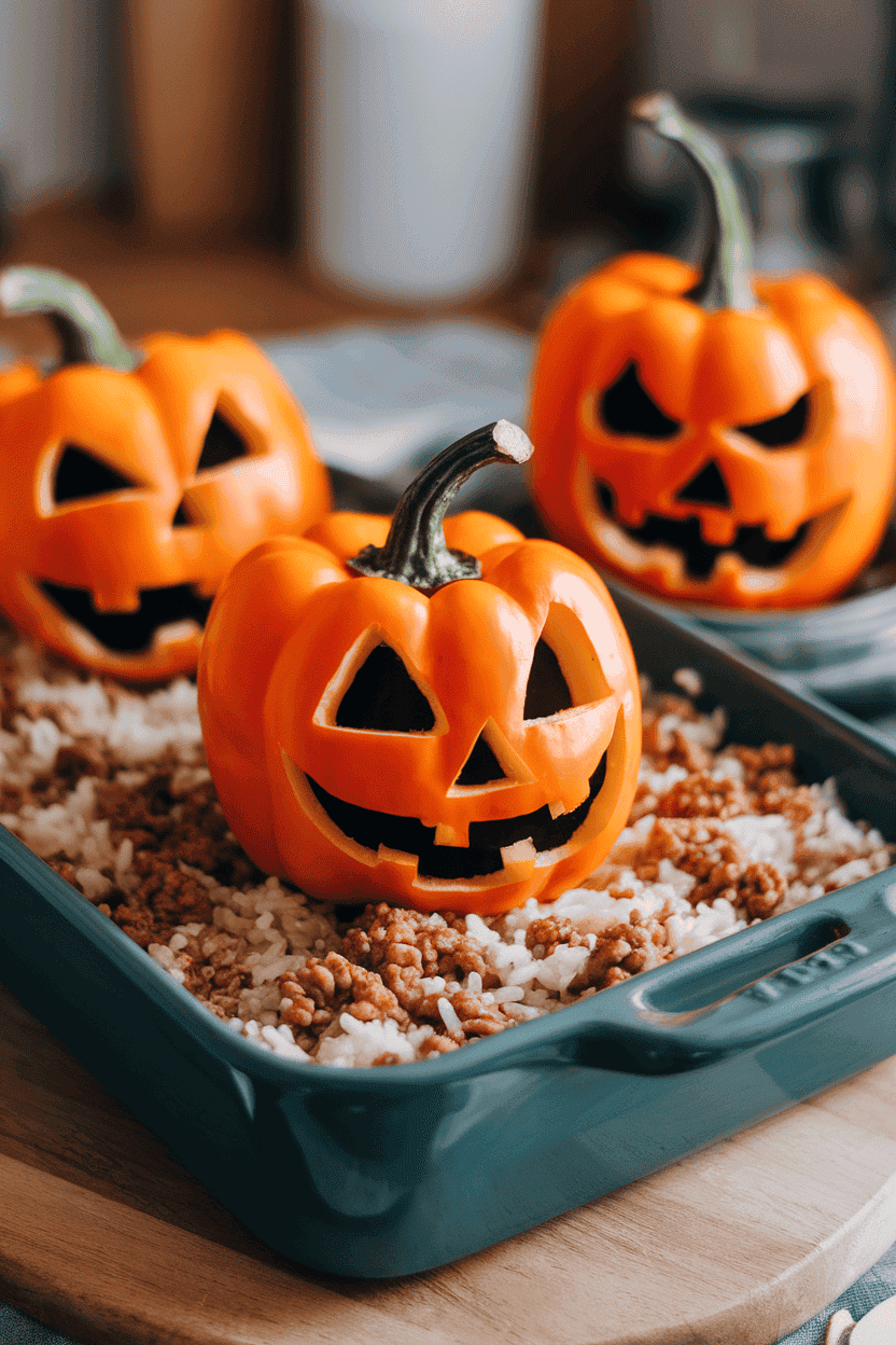 Indoor baking dish holding orange bell peppers carved with jack-o’-lantern faces, filled with rice and ground turkey, tops replaced as lids. No logos or text.