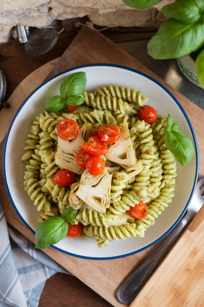 Indoor photo of corkscrew pasta tossed in basil pesto with artichoke hearts and cherry tomatoes, shot overhead. No text or logos.