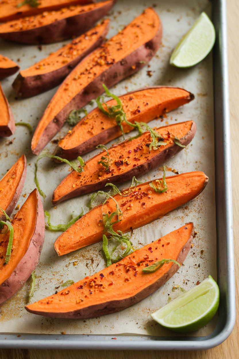 Indoor photo of sheet pan with roasted sweet potato wedges sprinkled with chili flakes and lime zest; no text or logos.