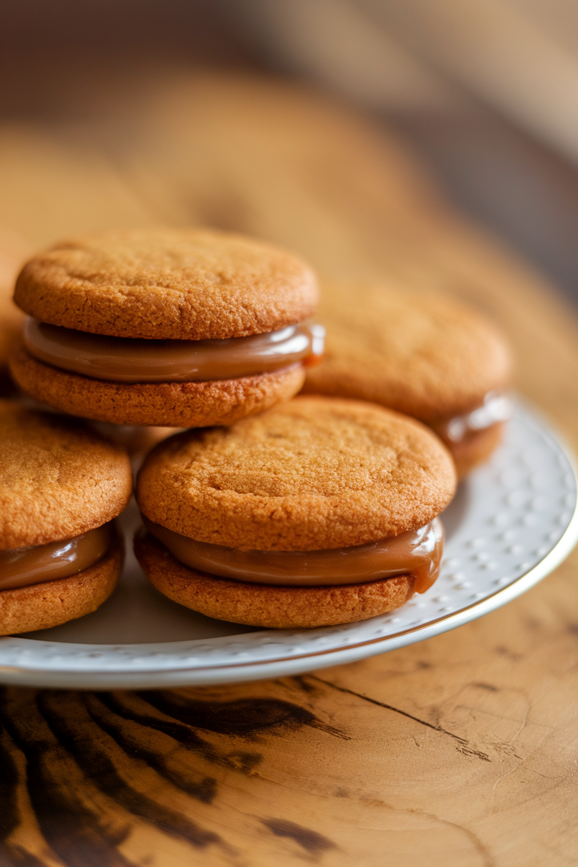 Indoor plate holding sandwich cookies with caramel filling oozing slightly between two apple-spiced rounds. No logos or text visible. Photo only.
