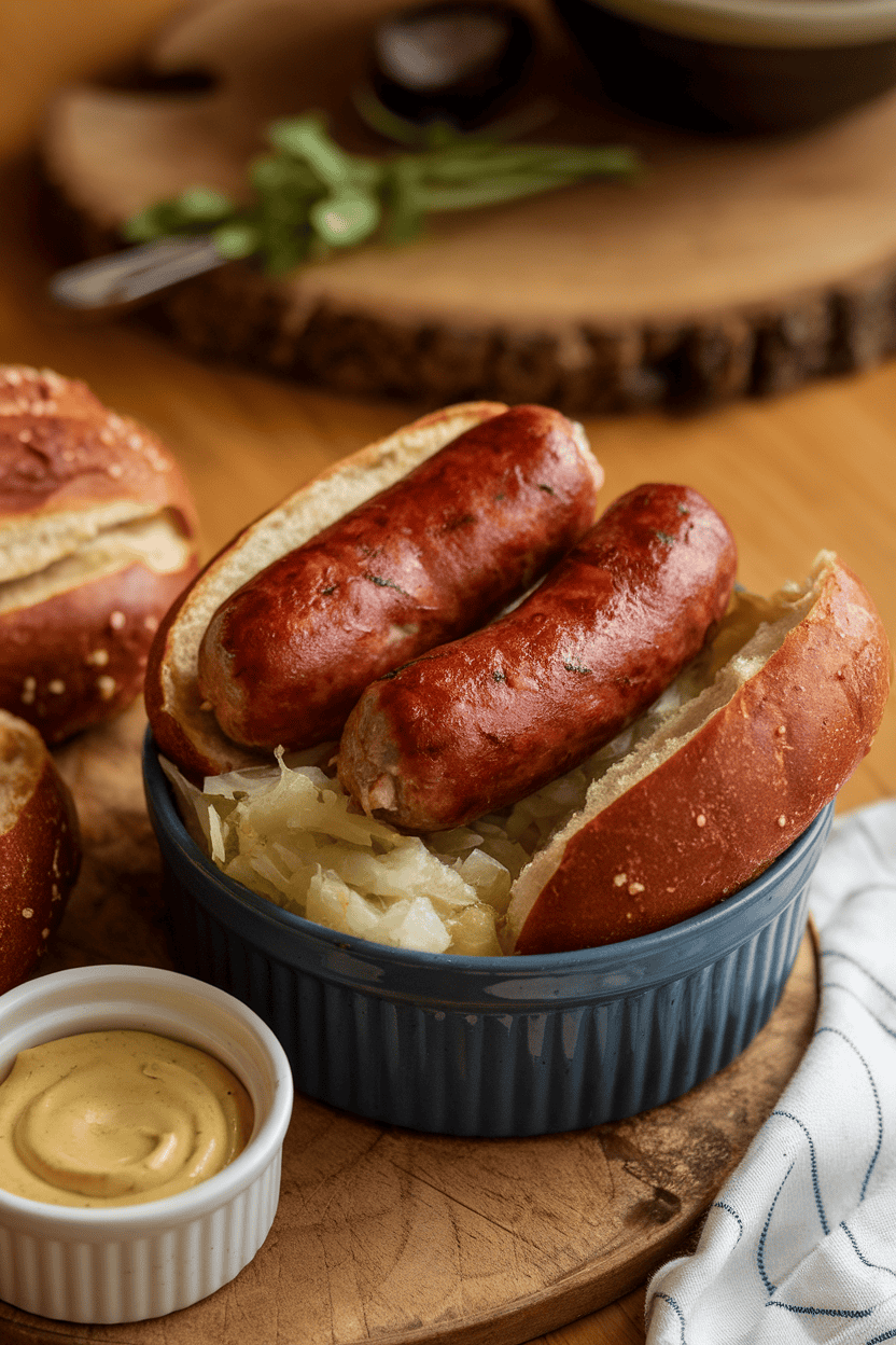 A warm indoor counter featuring browned bratwursts nestled in pretzel buns with mustard drizzled on top, small ramekin of sauerkraut nearby. No text or logos visible. Photo, not illustration.