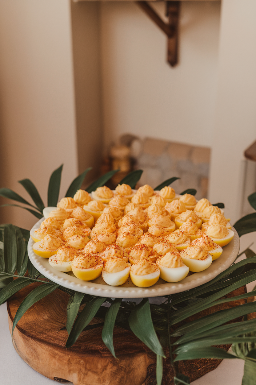 Indoor party platter of halved deviled eggs sprinkled with paprika, no text or logos. Photo.