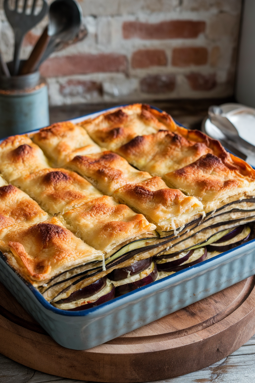 Photo, indoor baking dish with layered moussaka featuring eggplant, zucchini, and béchamel topping, sliced into squares; no text or logos.