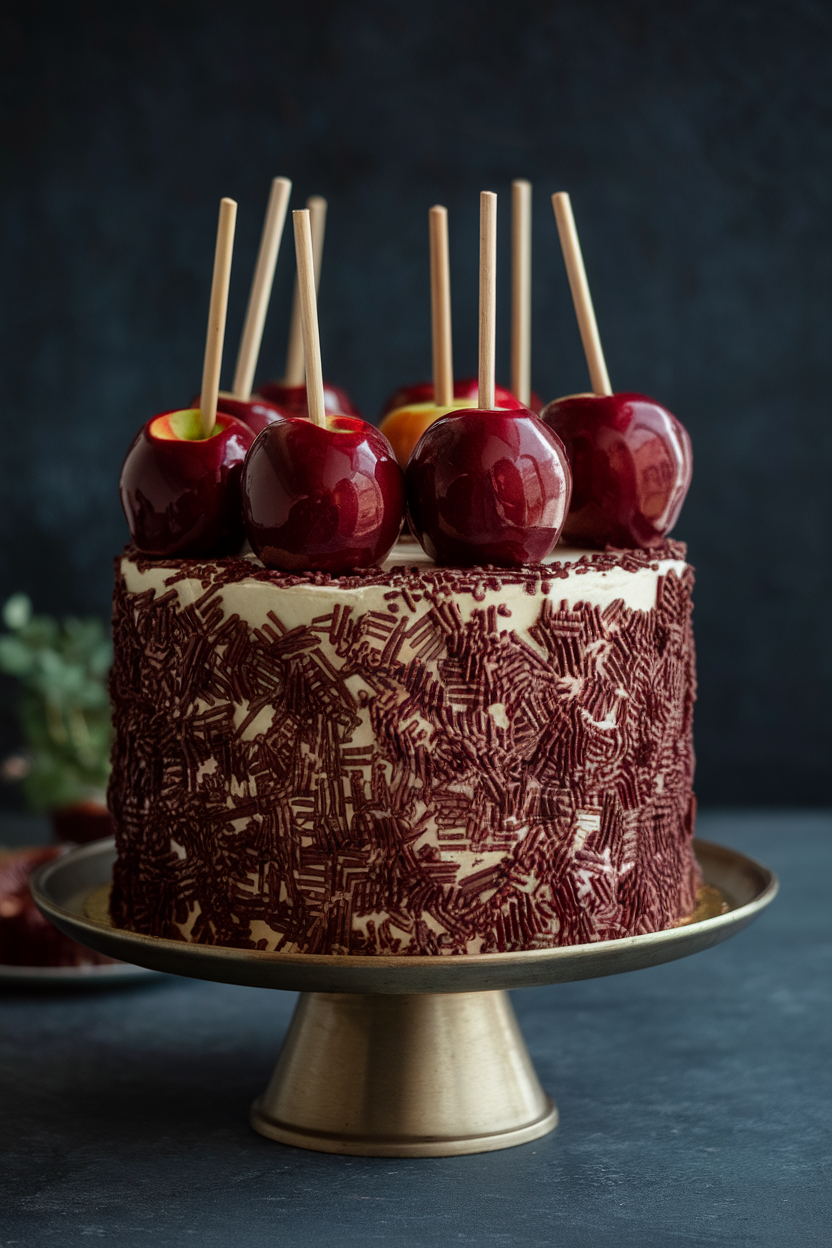 Indoor photo of a blackforest-style cake crowned with glossy candy apples coated in deep red, set on a pedestal. No text or logos.