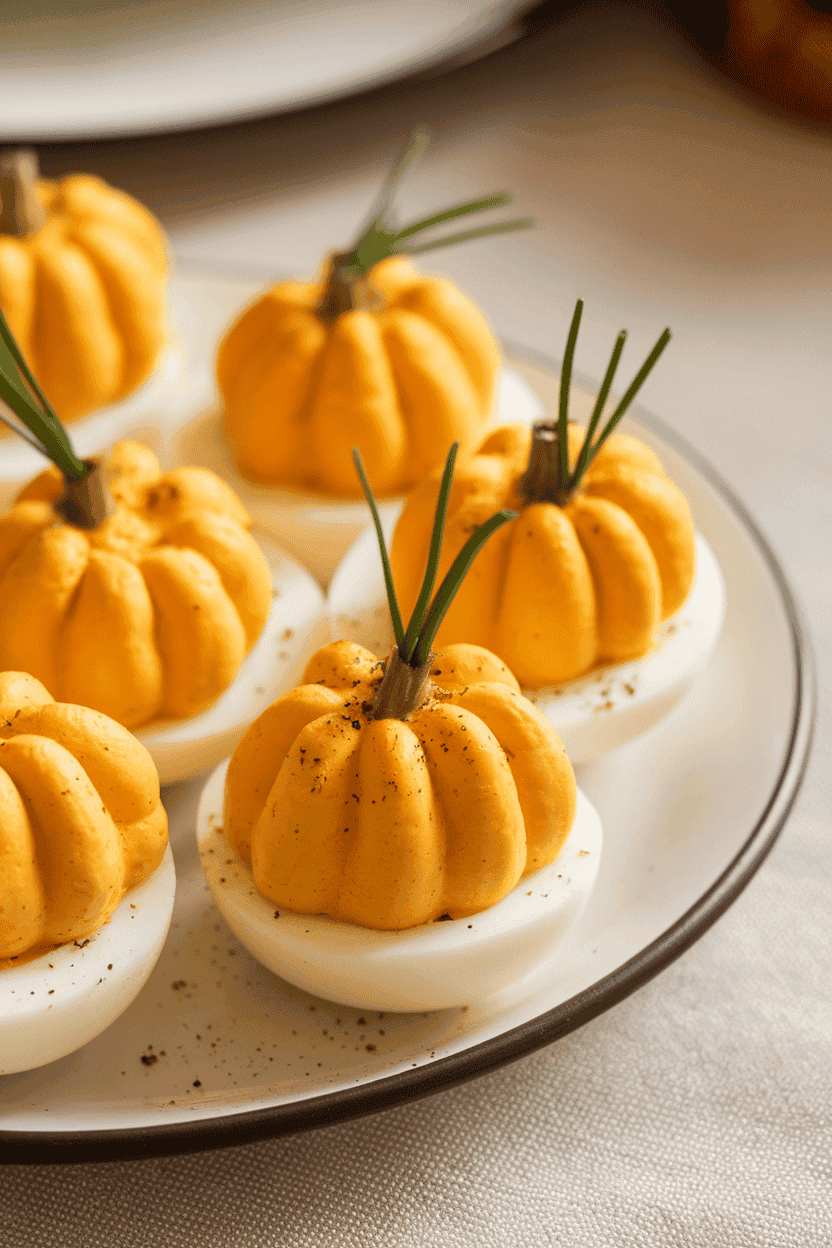Close-up indoor tabletop shot of deviled eggs piped with orange-tinted yolk filling, ridged like mini pumpkins, garnished with small chive “stems.” No text or logos in frame; photograph.