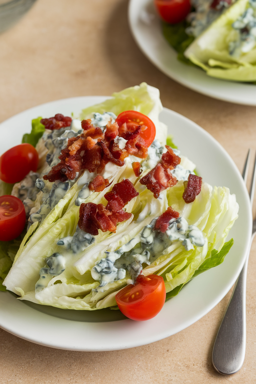Indoor photo of iceberg wedge salad topped with blue cheese dressing, bacon bits, and cherry tomatoes, no text or logos. Photograph, not illustration.
