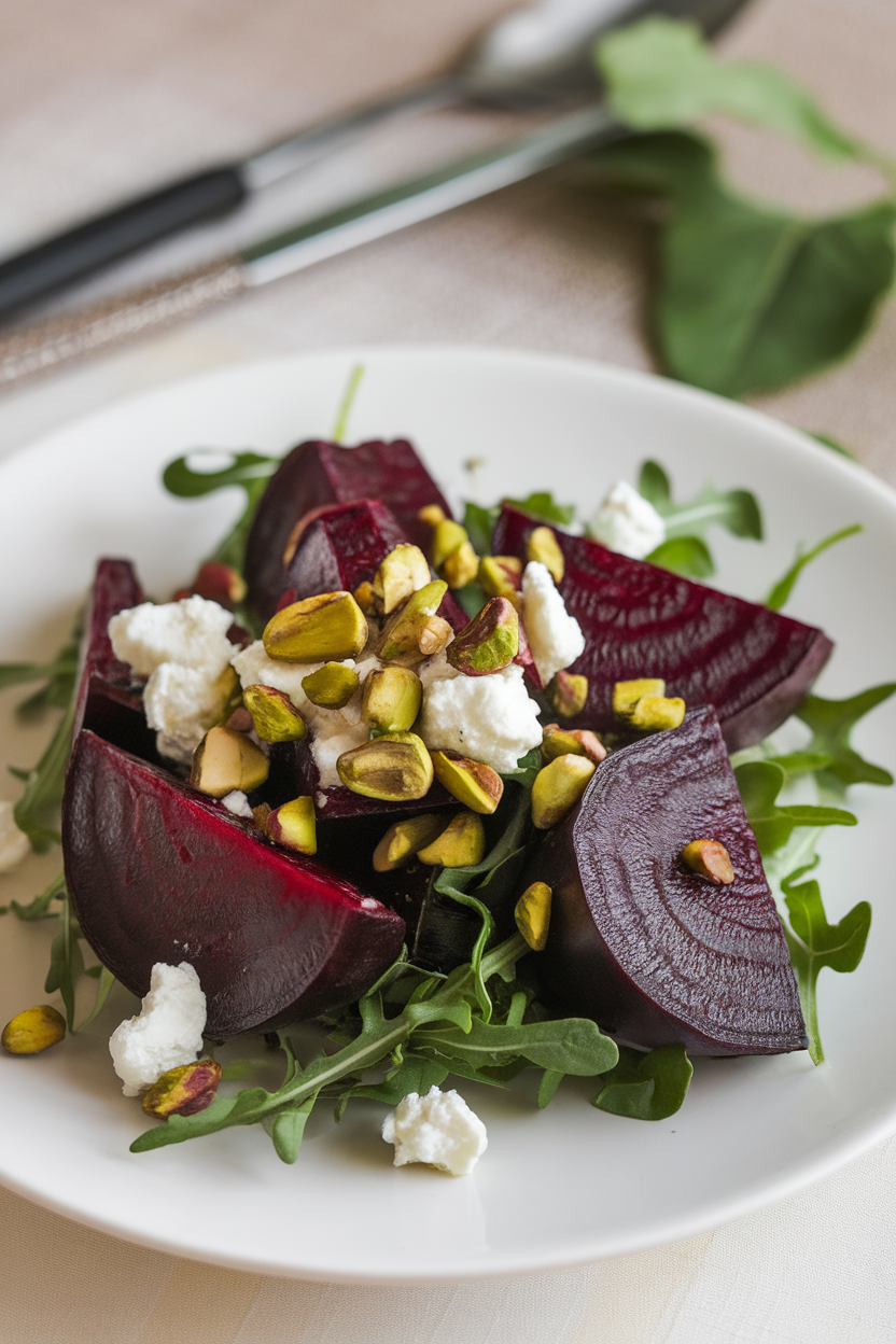 Indoor plate featuring jewel-tone roasted beet wedges, crumbled goat cheese, arugula, and pistachios, lightly dressed. Photo, no text or logos.