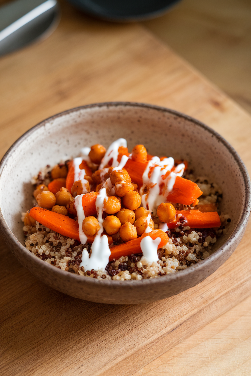A ceramic bowl indoors with roasted carrot sticks and chickpeas coated in harissa, served over quinoa with a yogurt drizzle. No logos or text.