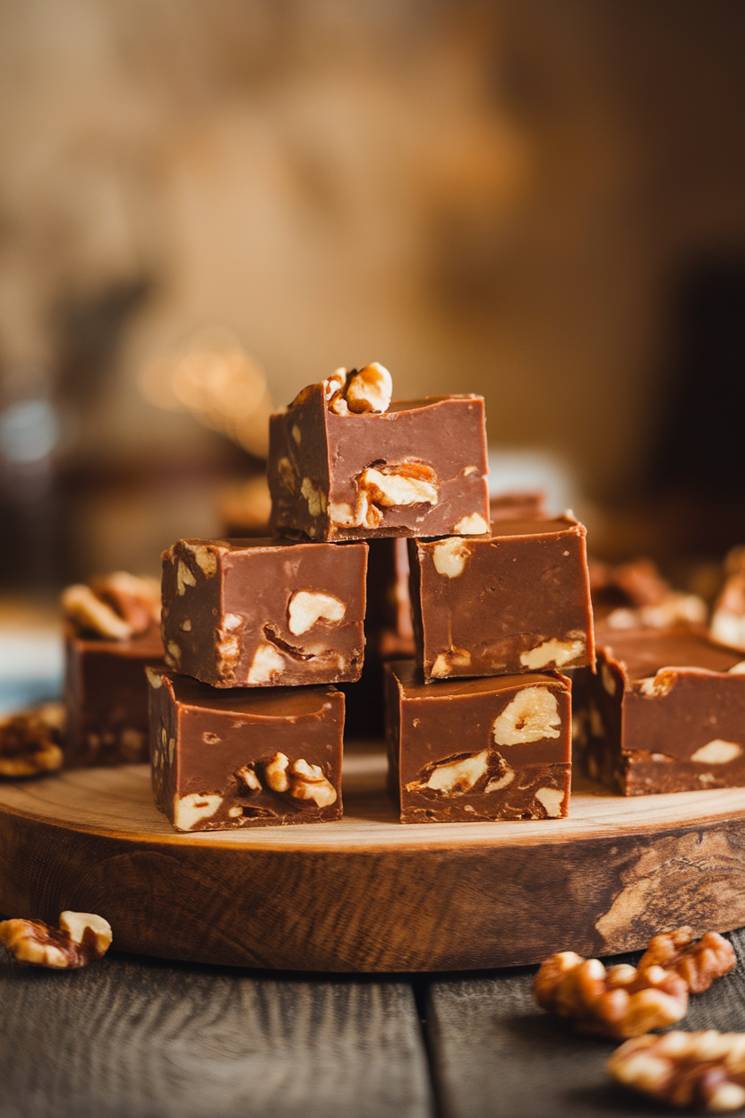 Indoor photo of bite-size squares of creamy maple fudge studded with toasted walnuts, stacked neatly on a wooden board. No text or logos.