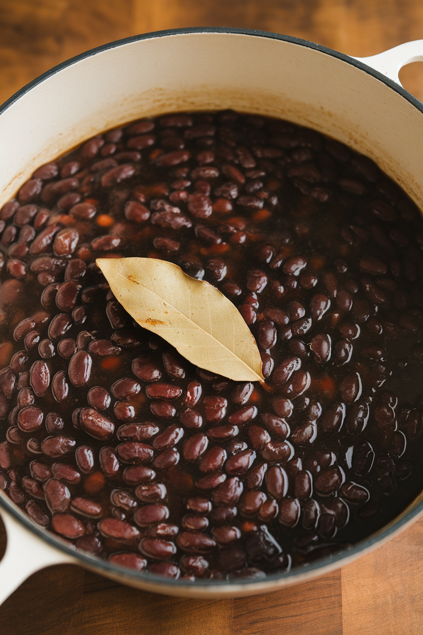 Indoor photo of a Dutch oven filled with simmering black beans, bay leaf floating on top; no text or logos