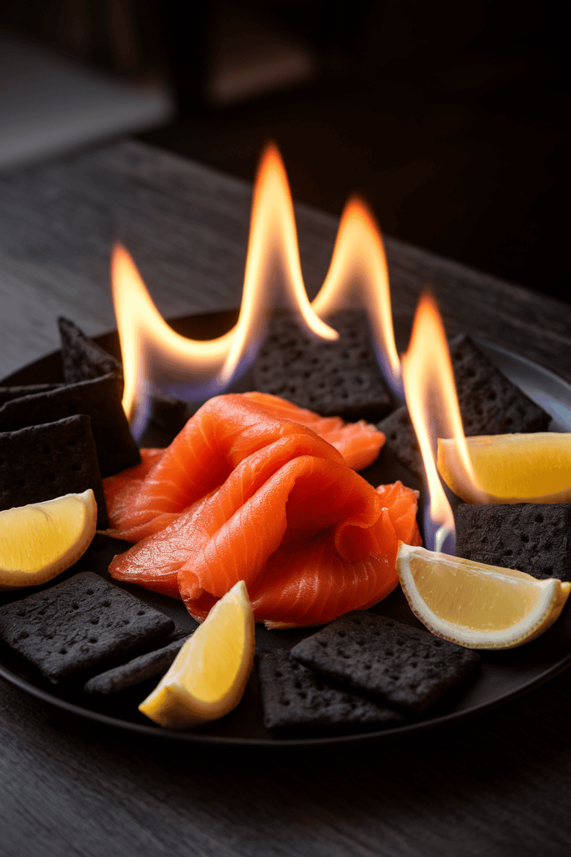 Softly lit indoor shot of a black plate with thin slices of cooked smoked salmon folded into flames, surrounded by charcoal crackers and lemon wedges. No text or logos.