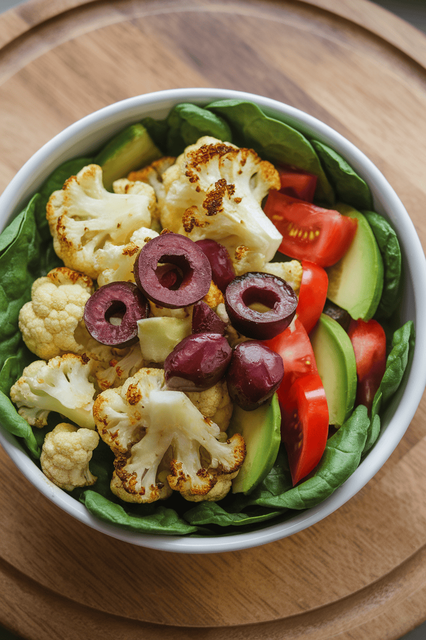 Indoor bowl featuring roasted cauliflower, olives, tomatoes, cucumber, and avocado over a bed of spinach, no logos.