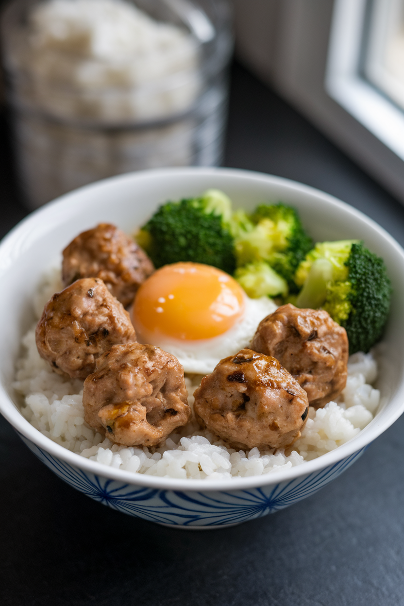 Indoor bowl of rice topped with store-bought teriyaki meatballs, a soft egg, and steamed broccoli florets. No text or logos.