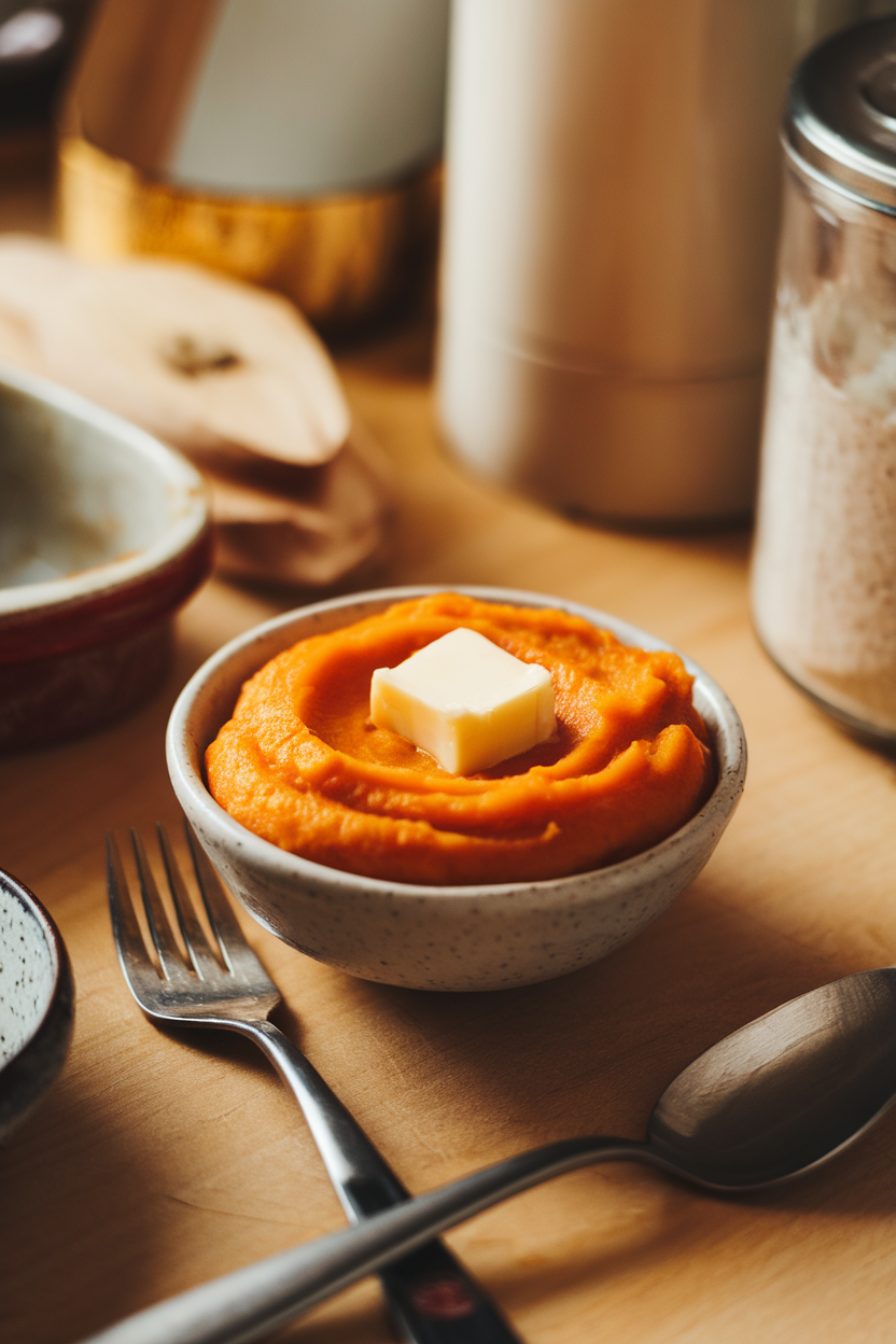 An indoor kitchen counter with a small bowl of smooth orange mashed sweet potatoes, a pat of butter melting in the center. No text or logos; photo only.