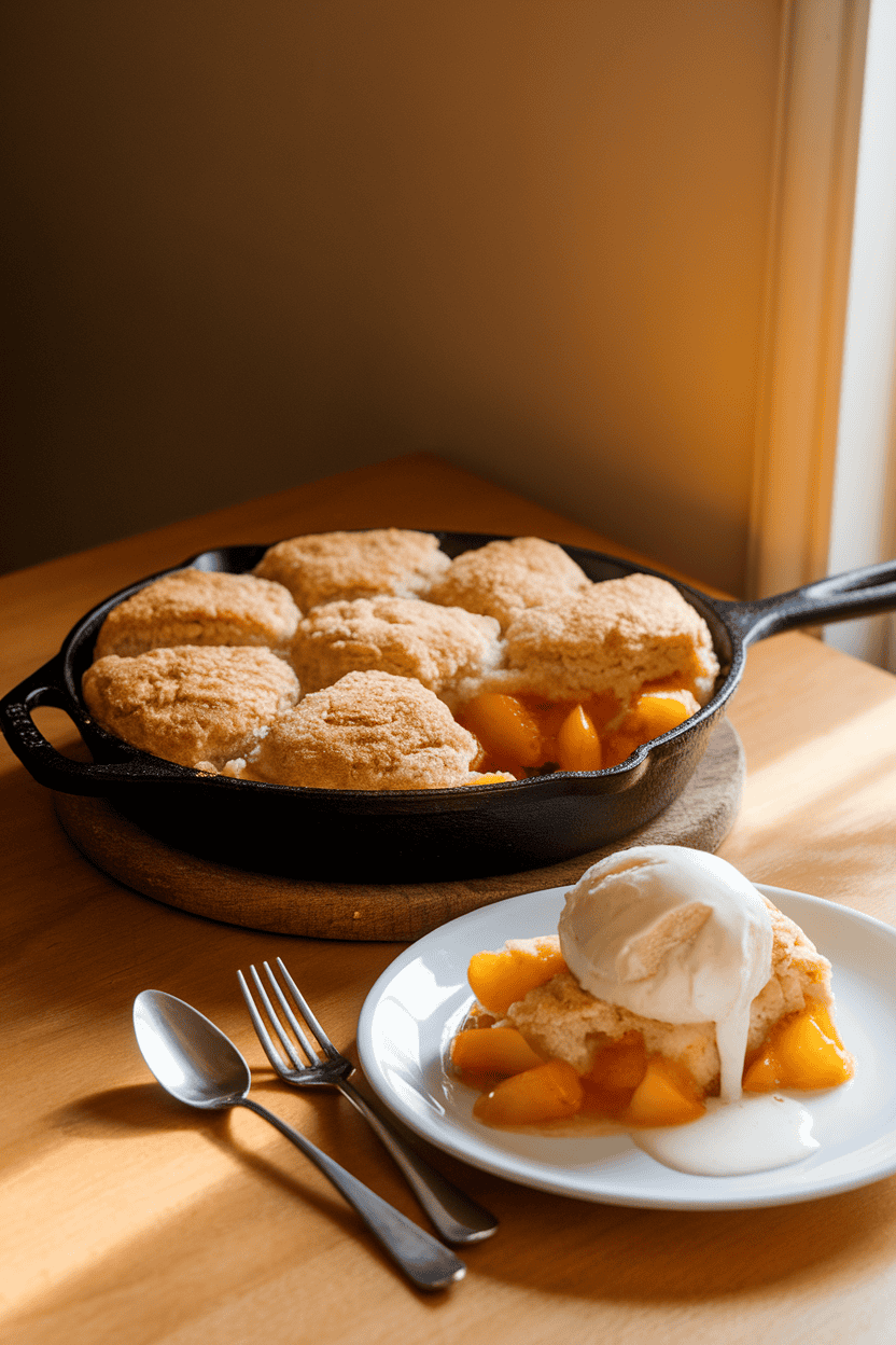 A warmly lit indoor kitchen table showcasing a cast-iron skillet peach cobbler with a golden biscuit topping and a scoop of vanilla ice cream melting over one slice. No text or logos; photo.
