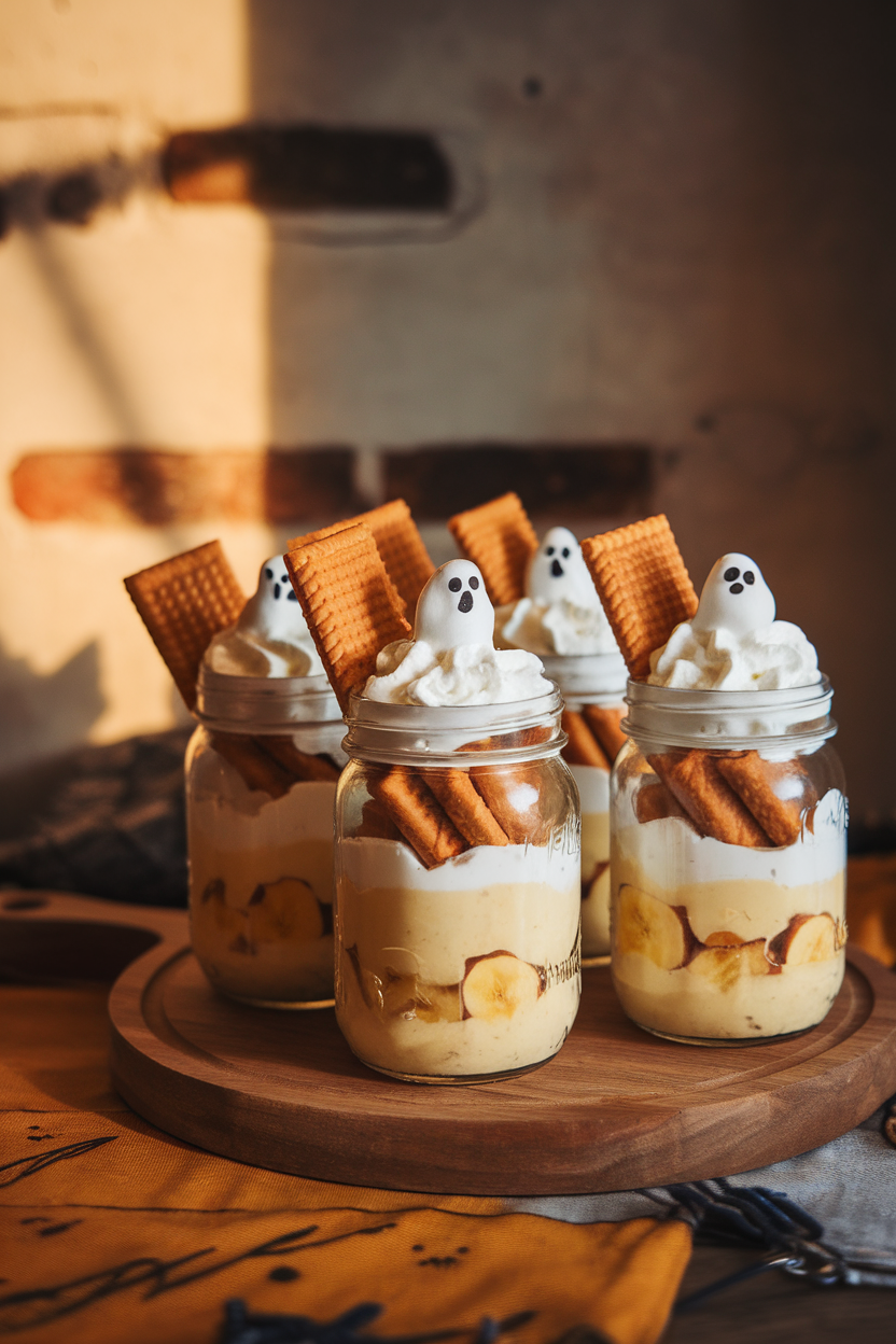 Individual mason jars indoors layered with banana pudding, vanilla wafers, and ghost-shaped whipped cream toppers. Photo only, no text or logos.