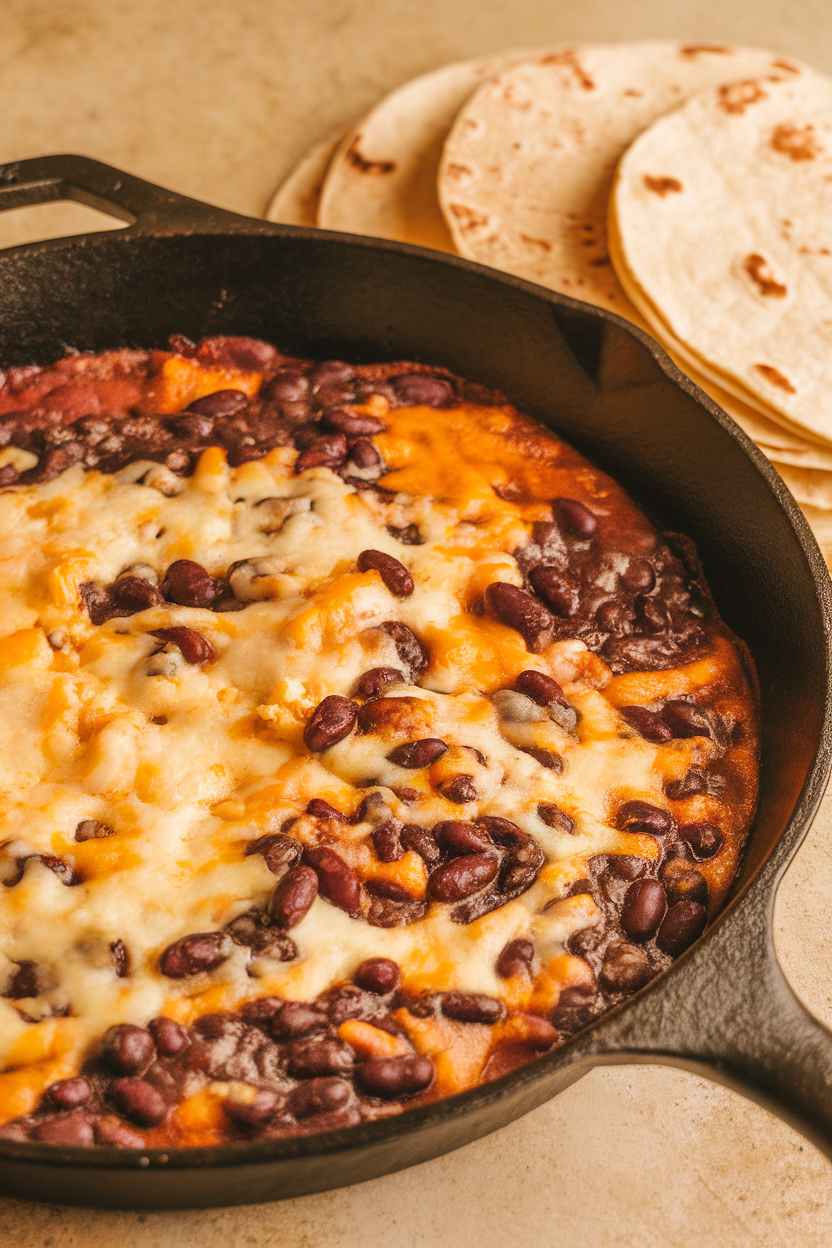 Photo of a cast-iron skillet filled with melted cheese and black beans, tortillas beside it, all taken indoors. No text or logos.
