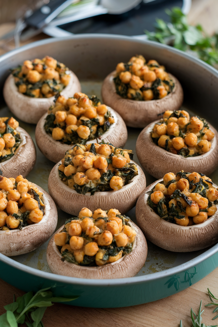 An indoor baking dish featuring large mushroom caps filled with chickpea-spinach mixture, lightly browned on top. No text or logos present.