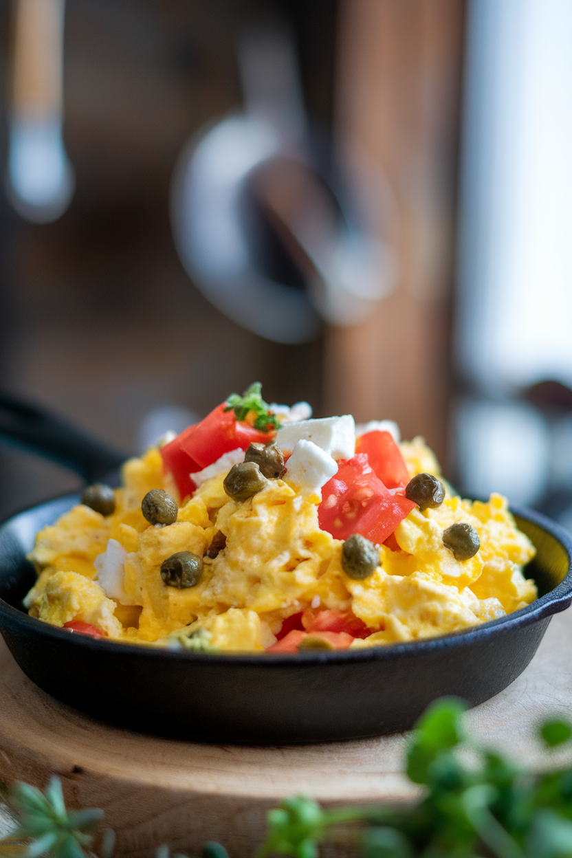 Photo of scrambled eggs mixed with diced tomato, capers, and feta, served indoors on a small skillet. No text or logos anywhere.