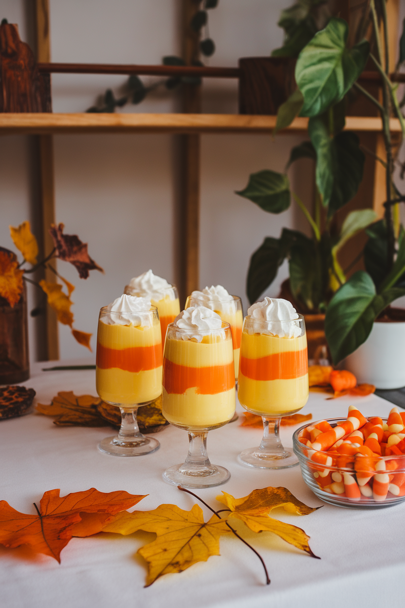 An indoor dessert table showcasing clear parfait glasses layered with yellow pudding, orange gelatin, and whipped cream to mimic candy corn stripes. Photo only, no text or logos.