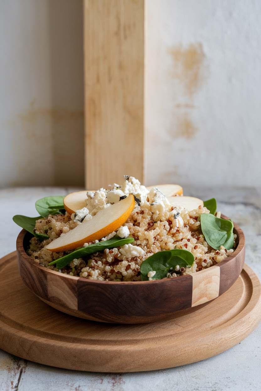 Indoor setting with quinoa topped with spinach leaves, pear slices, and crumbled gorgonzola; no logos or text.
