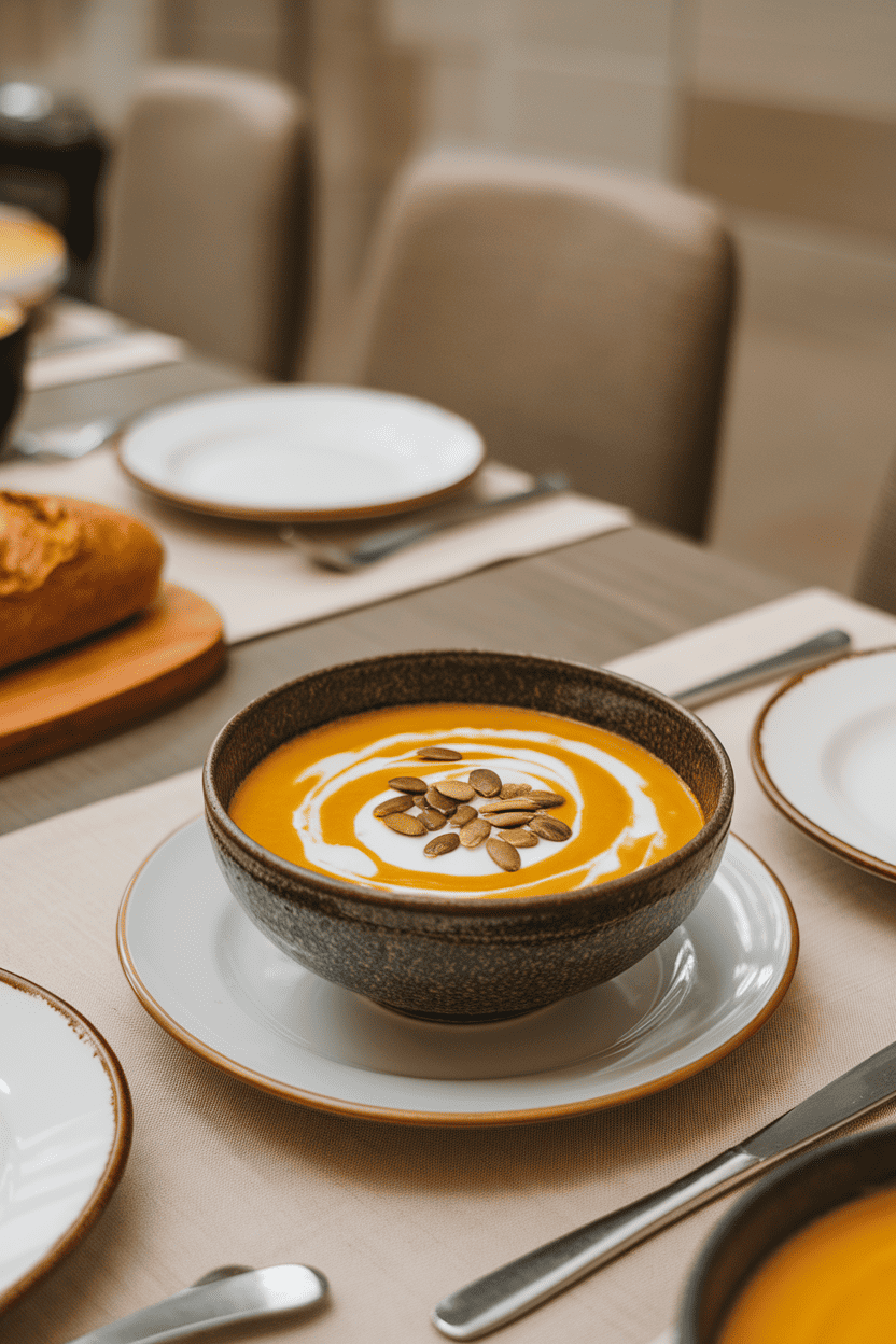 An indoor dining table featuring a bowl of creamy pumpkin soup with a white yogurt swirl and pumpkin seed garnish—no text or logos in frame. Photo only.