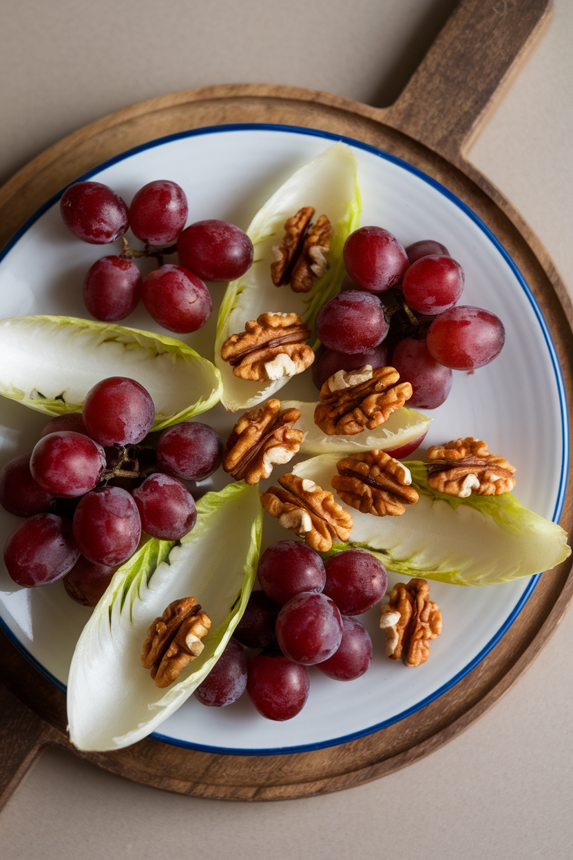 Indoor photo of halved red grapes, endive leaves, and toasted walnut halves tossed on a white plate; overhead angle, no text or logos.