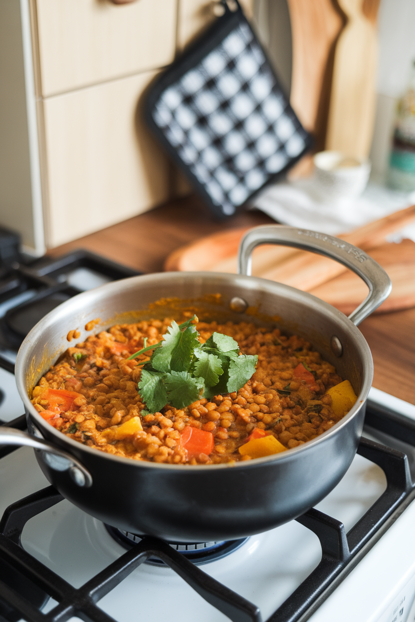 A saucepan on an indoor stovetop bubbling with golden coconut lentil curry, cilantro sprinkled on top. No text or logos, photo style.
